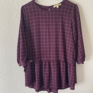 Purple and cream grid peplum blouse